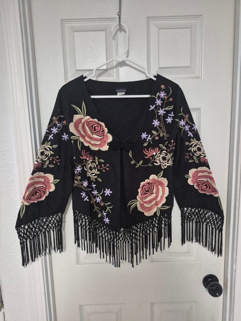 Boston Proper floral embroidered blazer jacket boho fringe Size S
